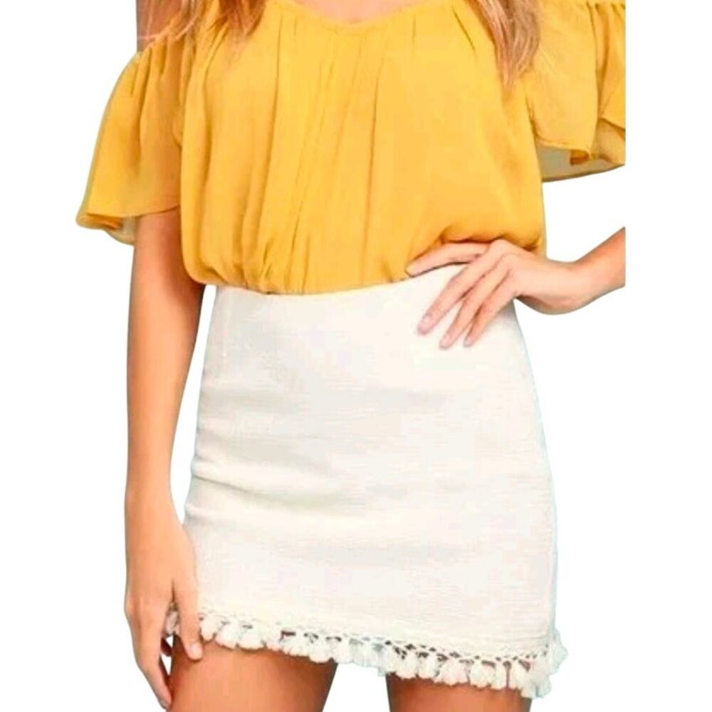 Cream Bouclé Macramé Fringe Skirt Anthropologie Style Coastal Chic Boho Size L